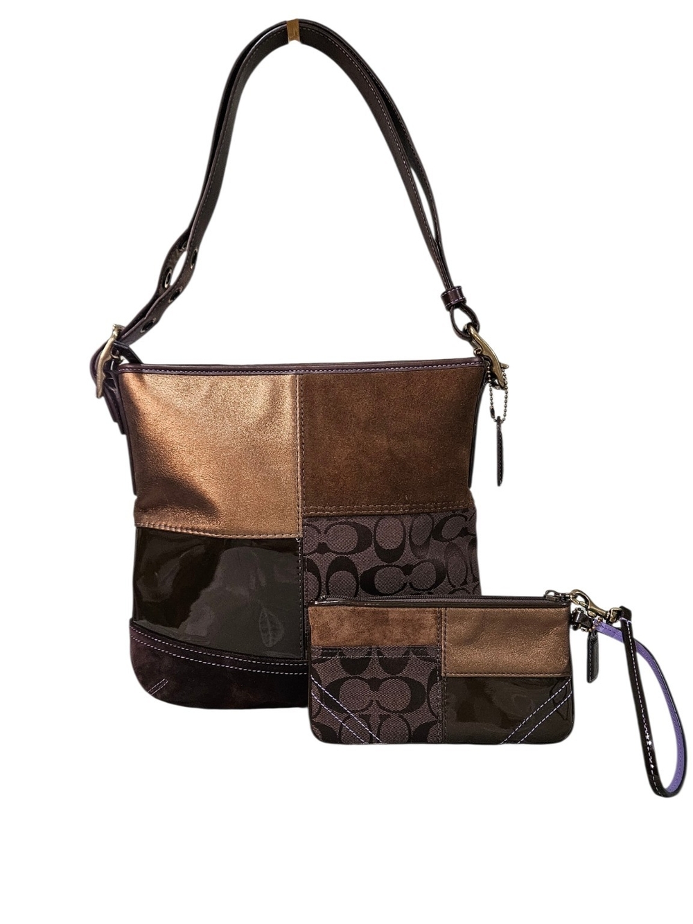 Coach NWOTS 2006 Bronze & Brown Patchwork Shoulder Bag w/Matching Wristlet SET - Picture 3 of 14
